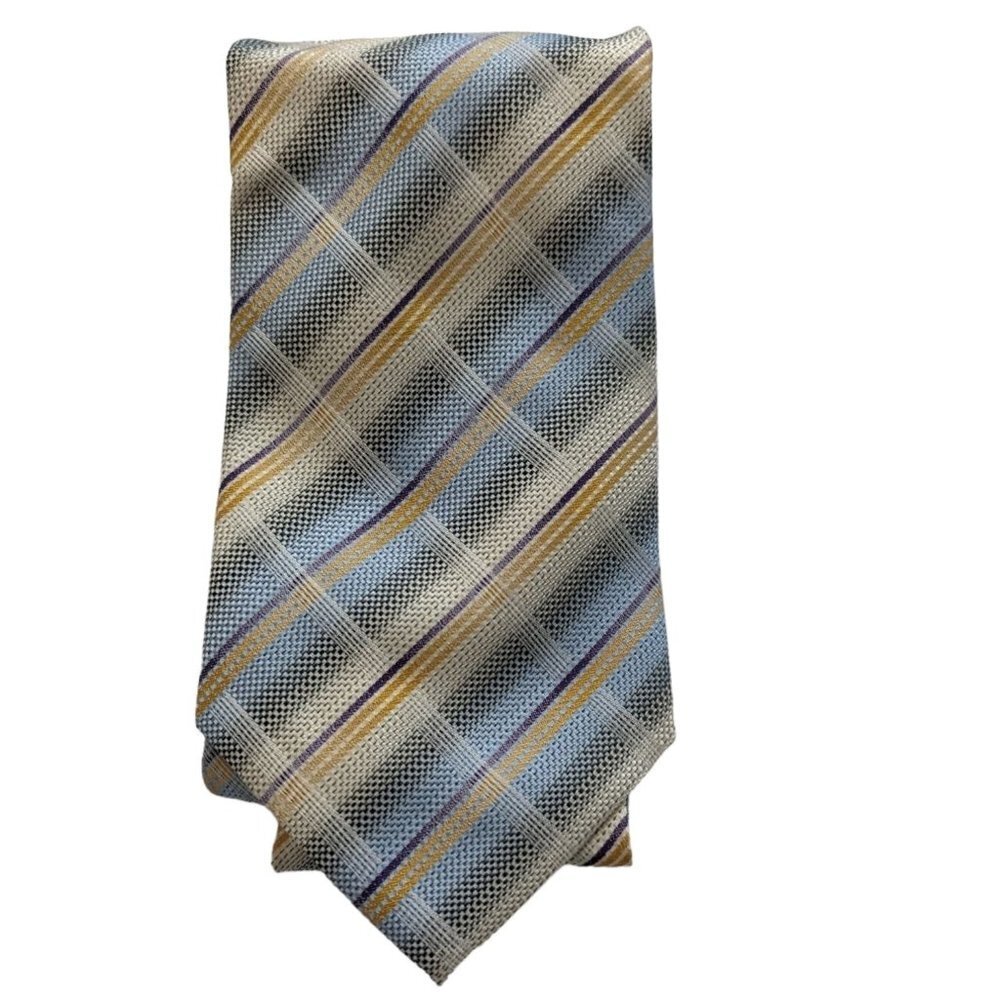 Uomo Venetto Italy Light Blue Yellow Diagonal Stripe Women Jacquard Neck Tie